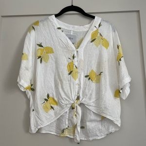 Linen Blouse with Lemon Print, Pearl Buttons and A Faux Tie